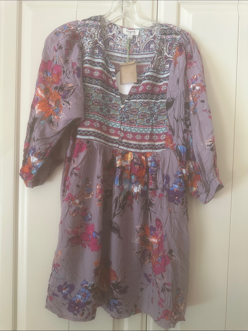 Umgee Lavender Floral Tiered Peasant Dress with Multicolor Print